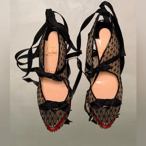 Christian Louboutin Black Lace Peep-Toe Ribbon Tie Pumps with Red Sole - Picture 4 of 9